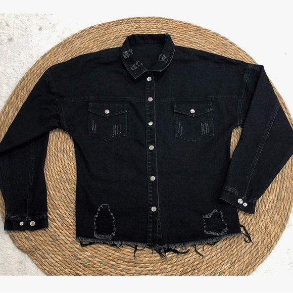 Black Denim Button Down Distressed Shacket Shirt Jacket - Picture 12 of 12
